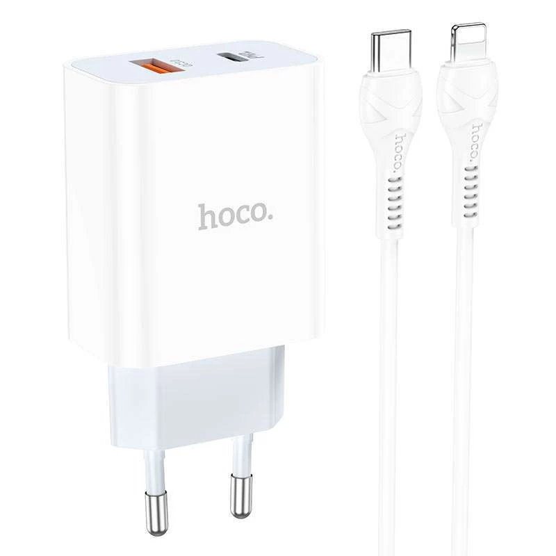 

СЗУ HOCO C97A PD20W+QC3.0 (1USB/1Type-C/3A) + Type-C to Lightning (Белый), Білий