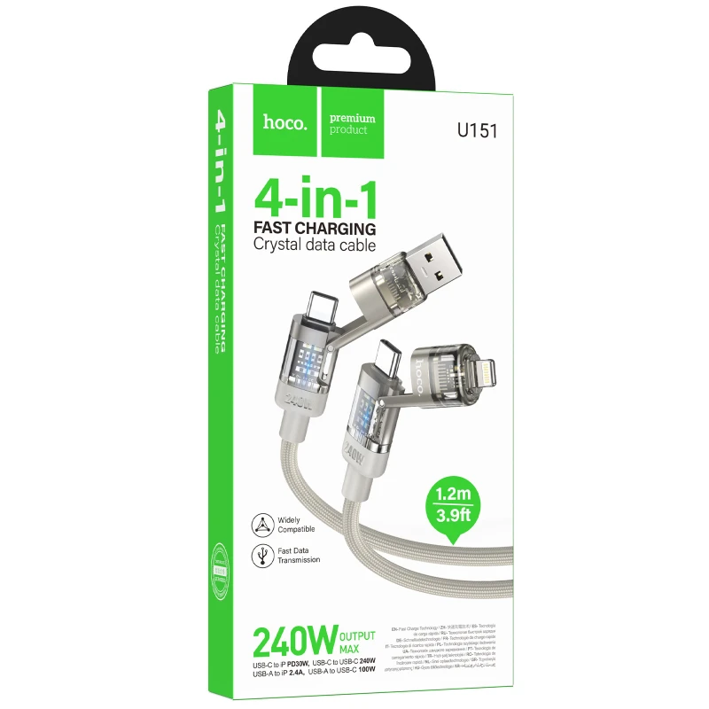 Дата кабель Hoco U151 Goldsmith 4in1 Type-C to Lightning/Type-C to USB 240W (1.2m) – Gray. Фото 4 з 4
