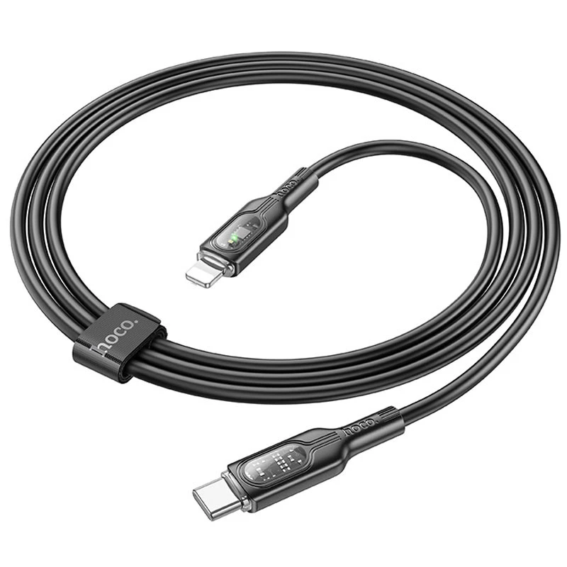 Дата кабель Hoco U120 Transparent explore intelligent power-off PD 27W Type-C to Lightning (1.2m) – Black. Фото 4 з 6