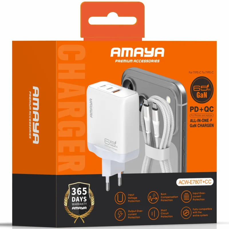 МЗП Amaya E780T PD65W+QC3.0 GaN (1USB-A/1C) + кабель Type-C to Type-C – White. Фото 2 з 2
