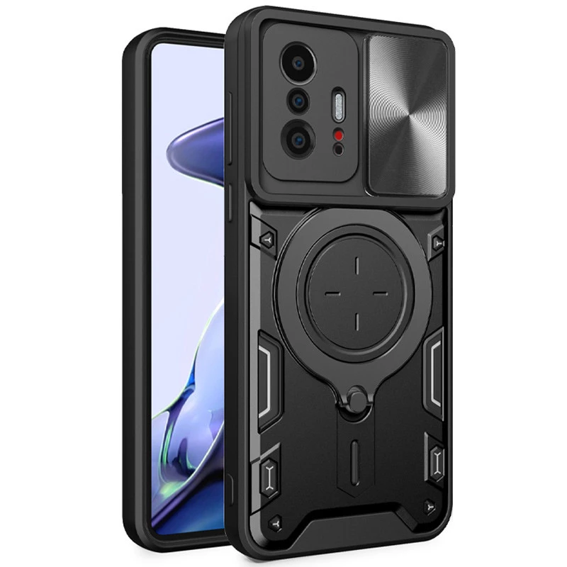 Ударопрочный чехол Bracket Ringstand с защитной шторкой для камеры для Xiaomi 11T / 11T Pro – Black. Фото 2 из 6