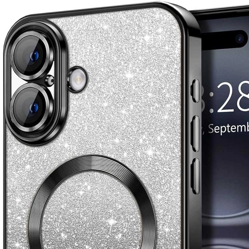 Чохол з блискітками, захисними лінзами на камеру та MagSafe на Apple iPhone 16 – Чорний / Black. Фото 4 з 10