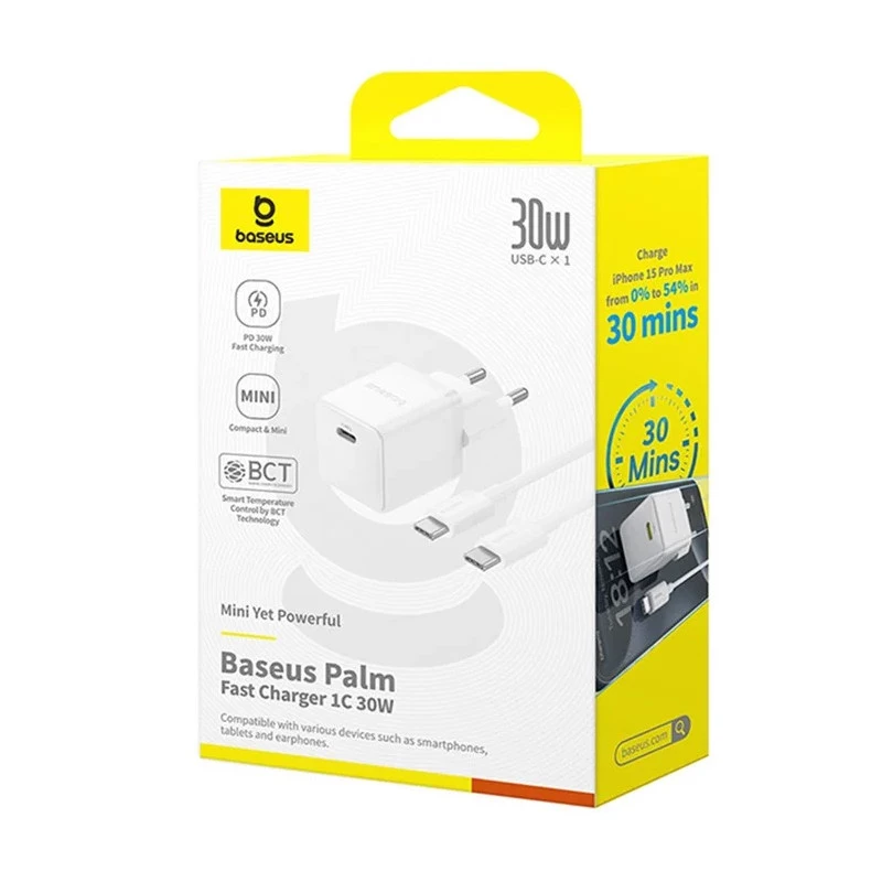 МЗП Baseus Palm Fast Charger 30W (1USB-C) + кабель Type-C to Type-C (P10111605113-01) – Moon White. Фото 6 з 6