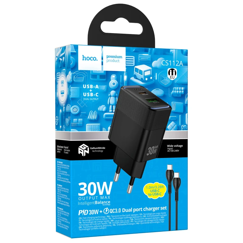 СЗУ Hoco CS112A Lounge PD30W+QC3.0 (1USB-A/1C) + кабель Type-C to Type-C – Black. Фото 2 из 5