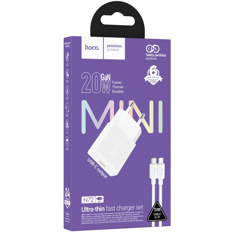 СЗУ Hoco N72 Speed ultra-thin PD20W (1USB-C) + кабель Type-C to Lightning – White. Фото 2 из 5