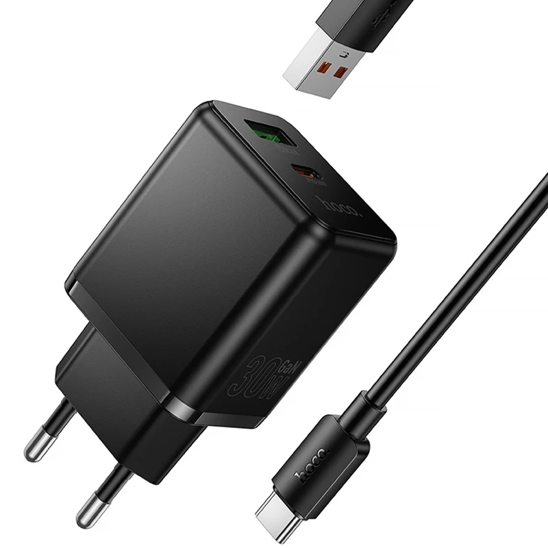 МЗП Hoco C157A Smart PD30W+QC3.0 (1USB-A/1C) + кабель USB to Type-C – Black. Фото 4 з 6