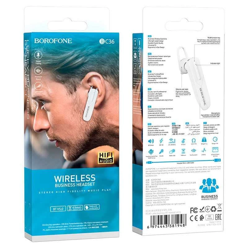Bluetooth-гарнітура Borofone BC36 Lucky – Білий. Фото 4 з 4