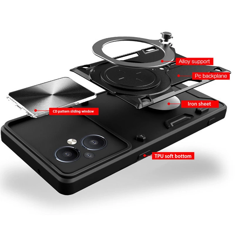 Ударостійкий чохол Bracket Ringstand із захисною шторкою для камери на Xiaomi Poco M5 – Black. Фото 6 з 7