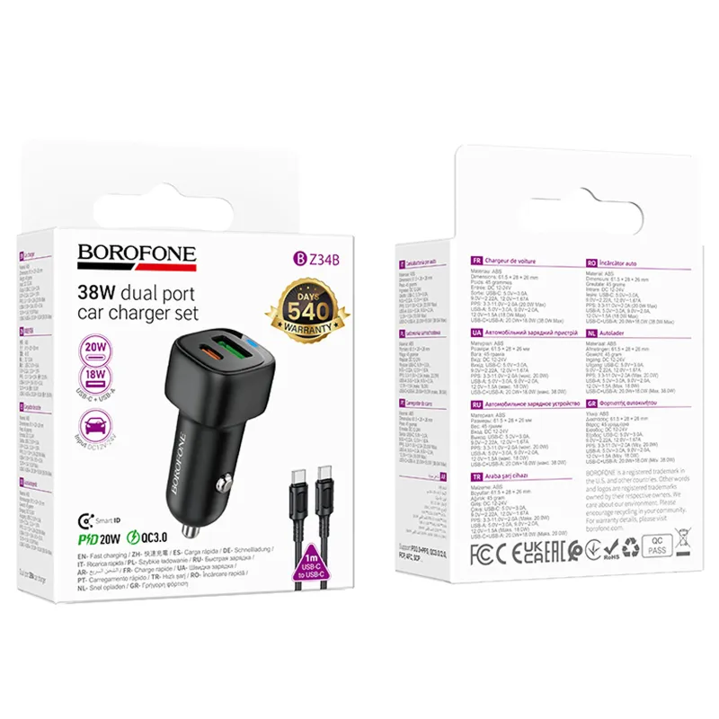 АЗП Borofone BZ34B Cloud PD20W+QC3.0 total 38W (1USB-A/1C) + кабель Type-C to Type-C – Black. Фото 2 з 5