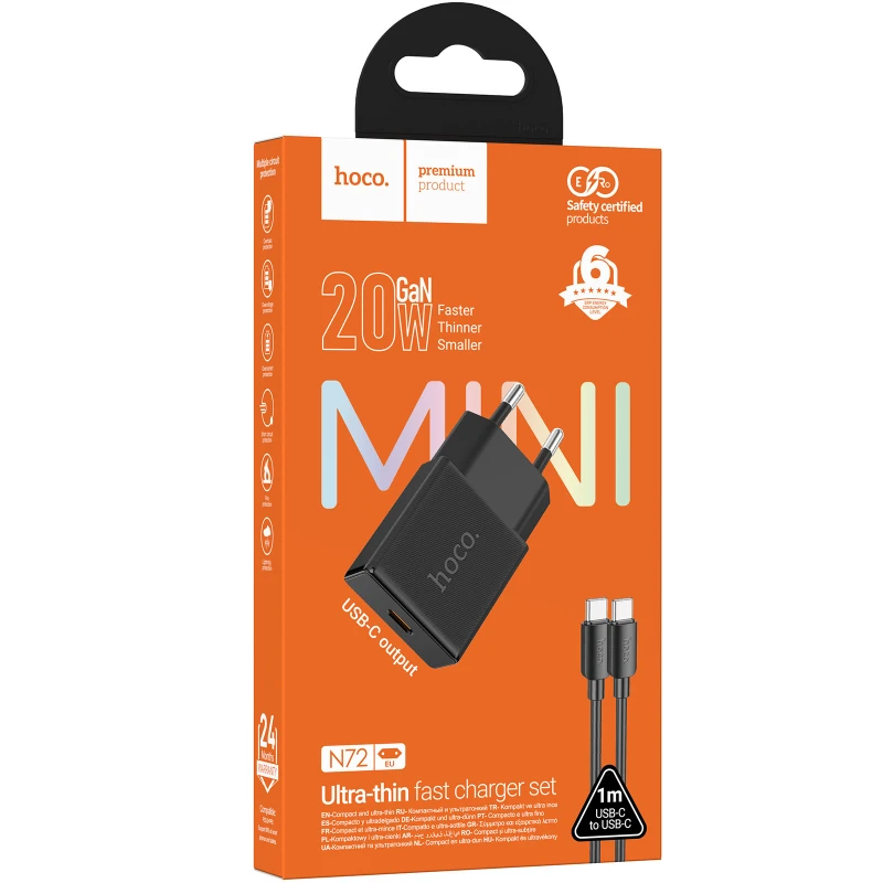 СЗУ Hoco N72 Speed ultra-thin PD20W (1USB-C) + кабель Type-C to Type-C – Black. Фото 2 из 3