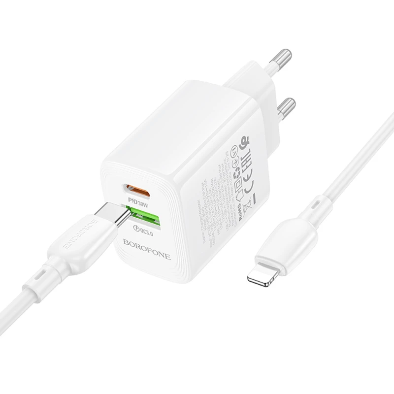 СЗУ Borofone BN29 Fuente PD30W+QC3.0 (1USB-A/1C) + кабель Type-C to Lightning – White. Фото 5 из 6