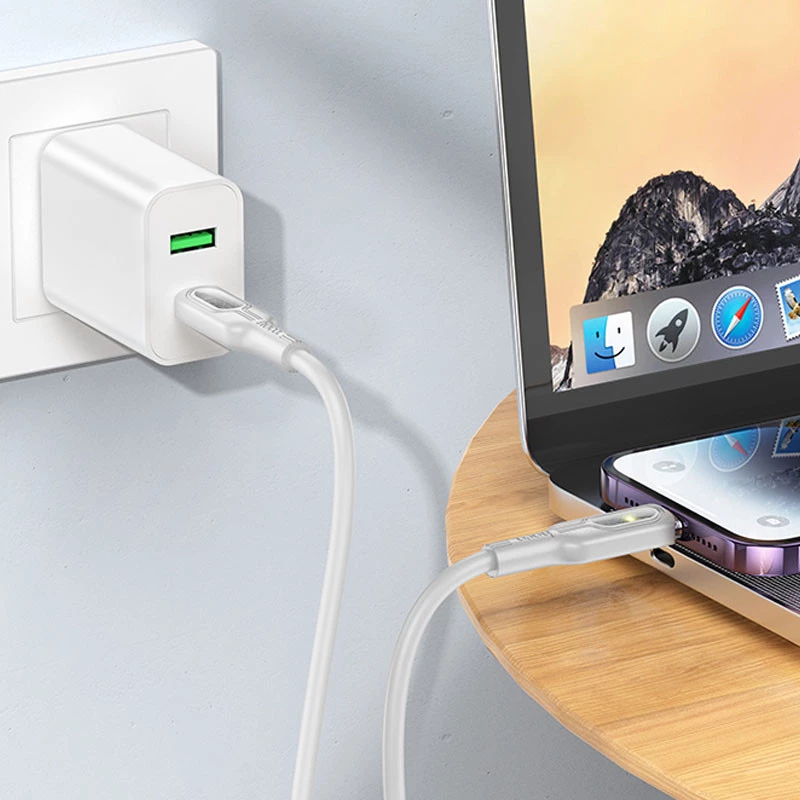 Дата кабель Hoco U120 Transparent explore intelligent power-off PD 27W Type-C to Lightning (1.2m) – Gray. Фото 4 з 5