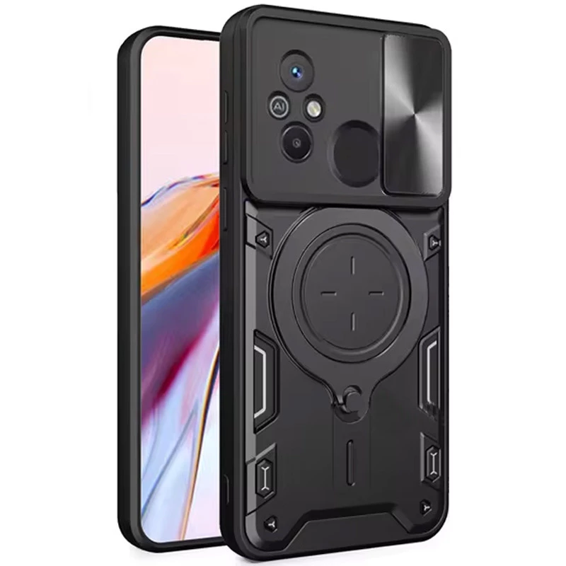 Ударостійкий чохол Bracket Ringstand із захисною шторкою для камери на Xiaomi Redmi 12C / Poco C55 – Black. Фото 2 з 6