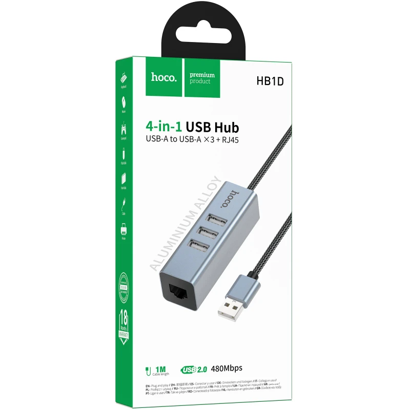 Перехідник HUB Hoco HB1D USB to USB2.0*3+RJ45 – Metal gray. Фото 2 з 6