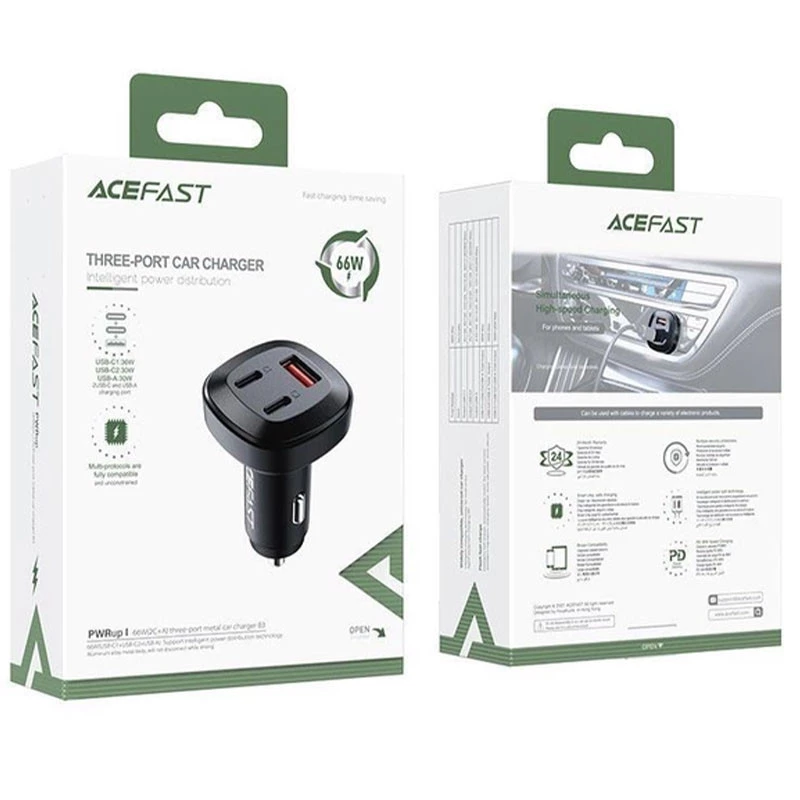 АЗУ Acefast B3 66W(USB-C+USB-C+USB-A) three-port metal car charger – Black. Фото 5 из 5