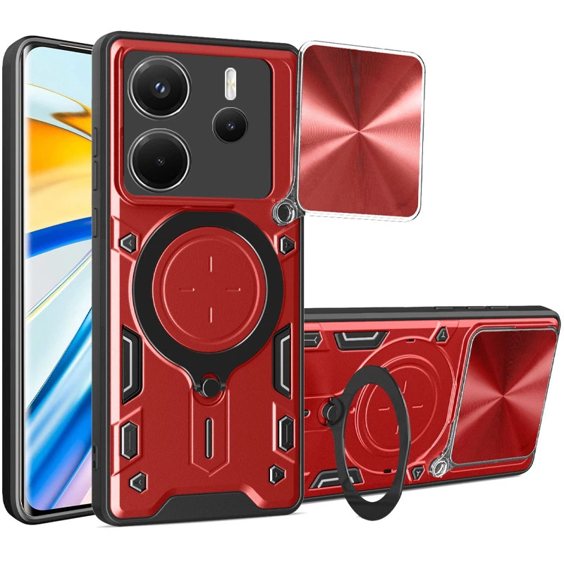 Ударостійкий чохол Bracket Ringstand із захисною шторкою для камери на Xiaomi Redmi Note 14 5G – Red. Фото 1 з 5