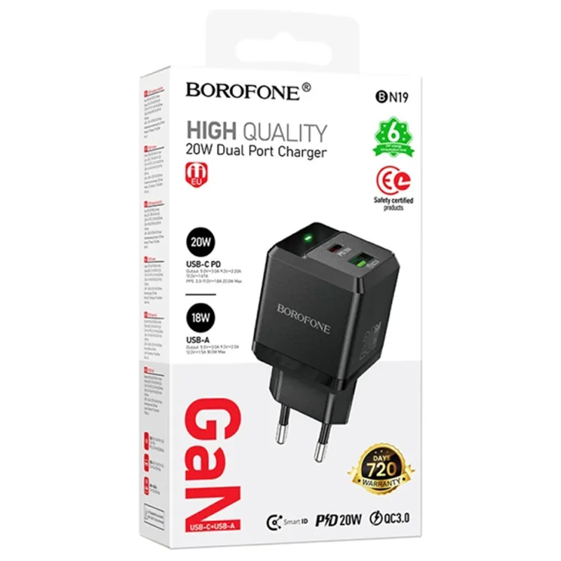 МЗП Borofone BN19 Intenso PD20W+QC3.0 (1USB-A/1C) – Black. Фото 2 з 4
