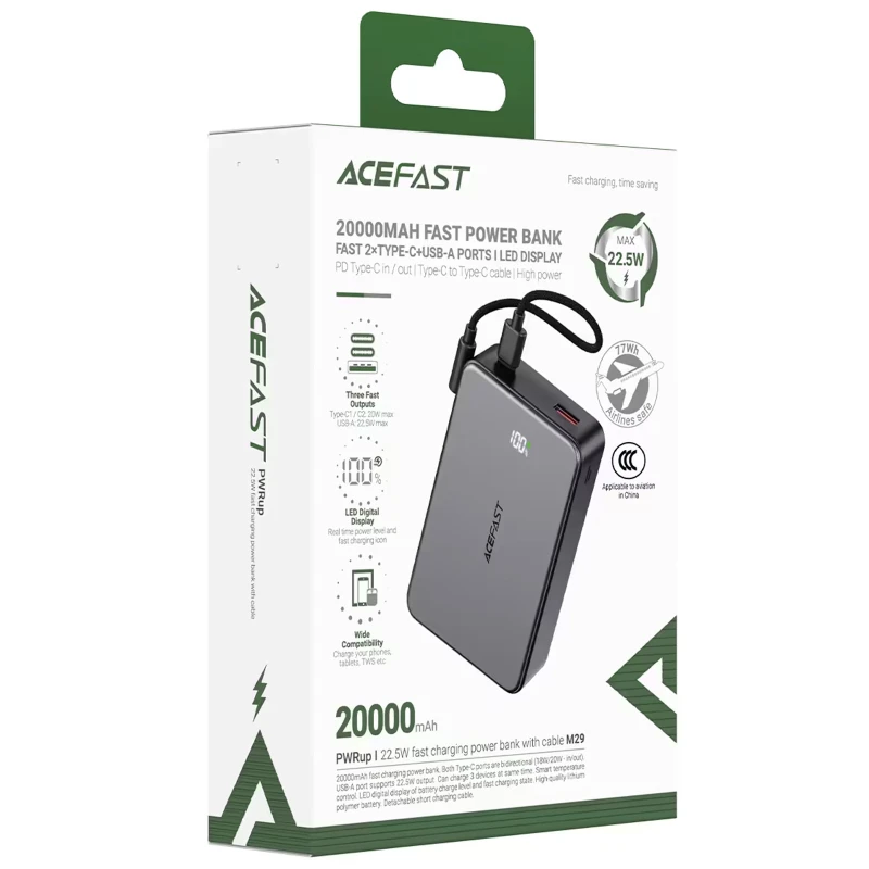 Портативний ЗП Power Bank Acefast M29 22.5W with cable 20000 mAh – Black. Фото 5 з 5