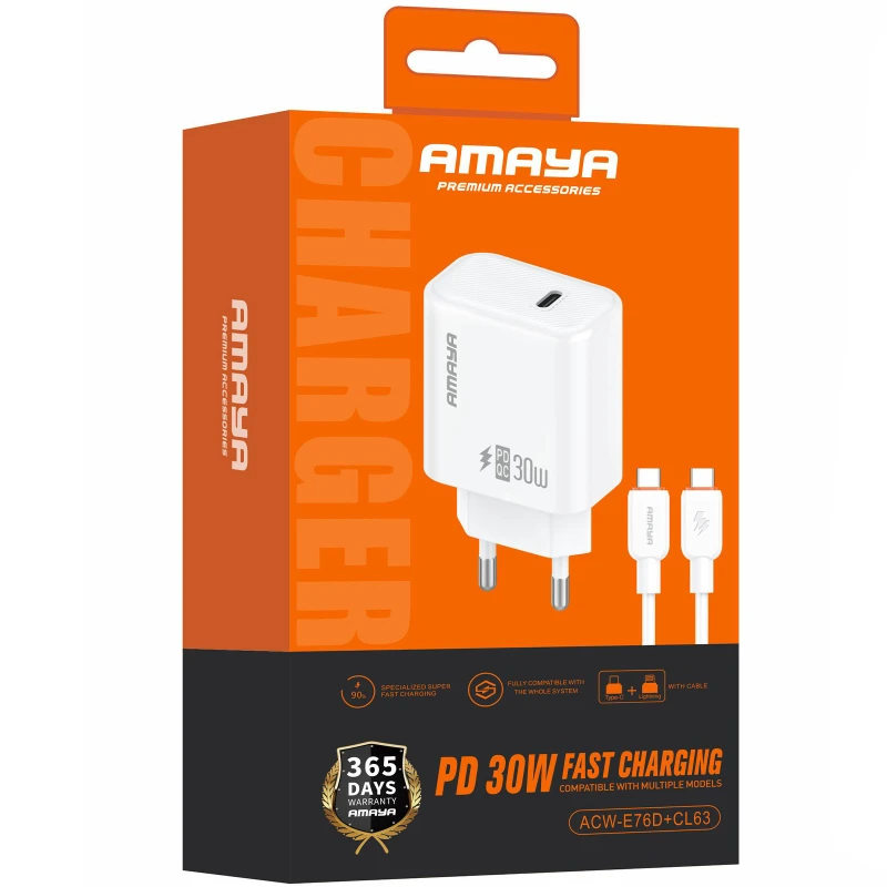 СЗУ Amaya E76D PD30W (1USB-C) + кабель Type-C to Type-C – White. Фото 2 из 2