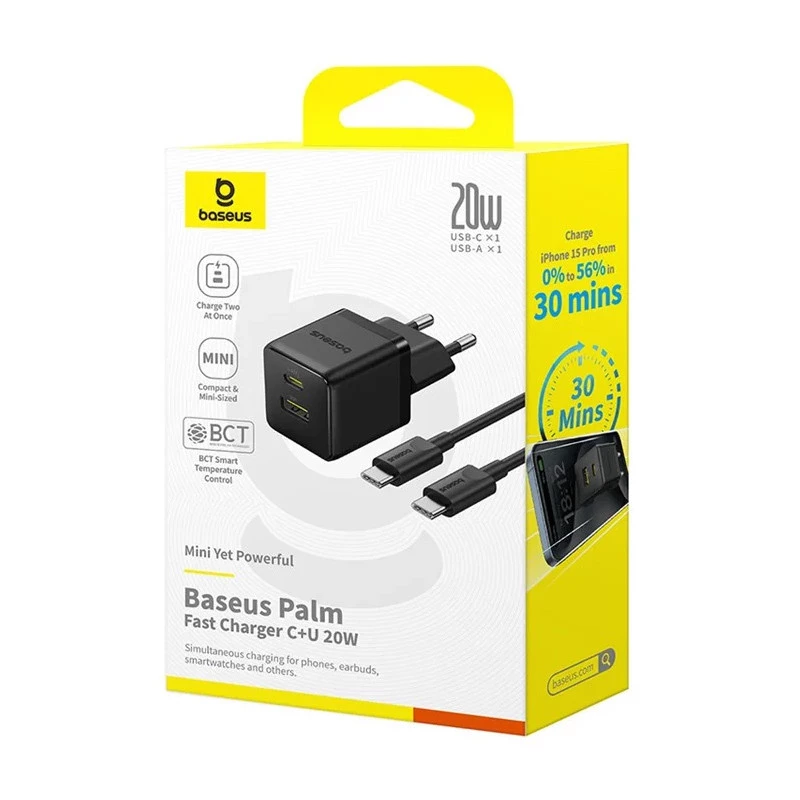 СЗУ Baseus Palm Fast Charger 20W (1USB-A/1C) + кабель Type-C to Type-C (P10111608) – Cluster Black. Фото 6 из 6