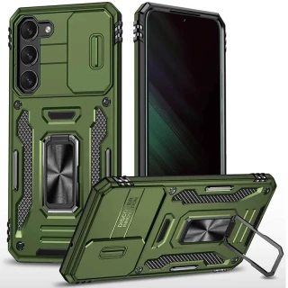 Ударопрочный чехол Square Ring c шторкой на камеру для Samsung Galaxy S22 — Оливковый / Army Green