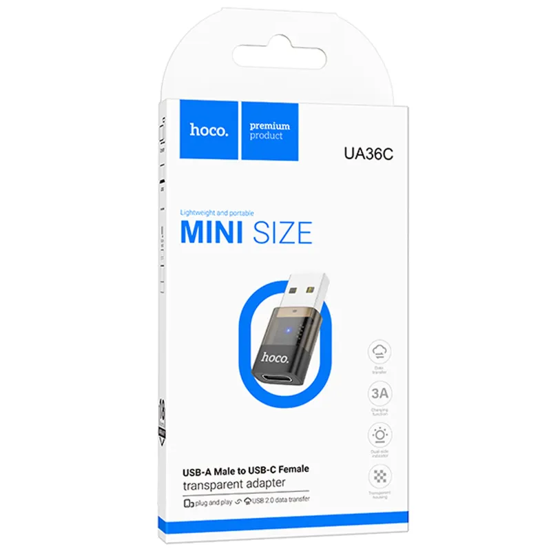 Перехідник Hoco UA36C USB male to Type-C female USB2.0 – Black. Фото 2 з 4