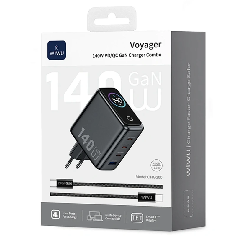 МЗП WIWU CHG200 Voyager PD140W+QC3.0 (1USB-A/3C) + кабель Type-C to Type-C – Grey. Фото 3 з 3