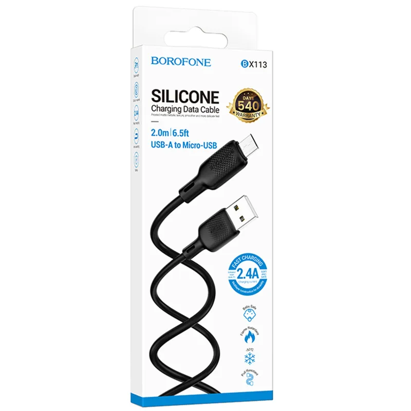 Дата кабель Borofone BX113 Lenny USB to MicroUSB 2.4A (2m) – Black. Фото 5 з 5