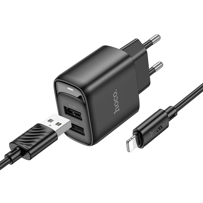 СЗУ Hoco C141A Smart 2.1A (2USB-A) + кабель USB to Lightning – Black. Фото 2 из 5