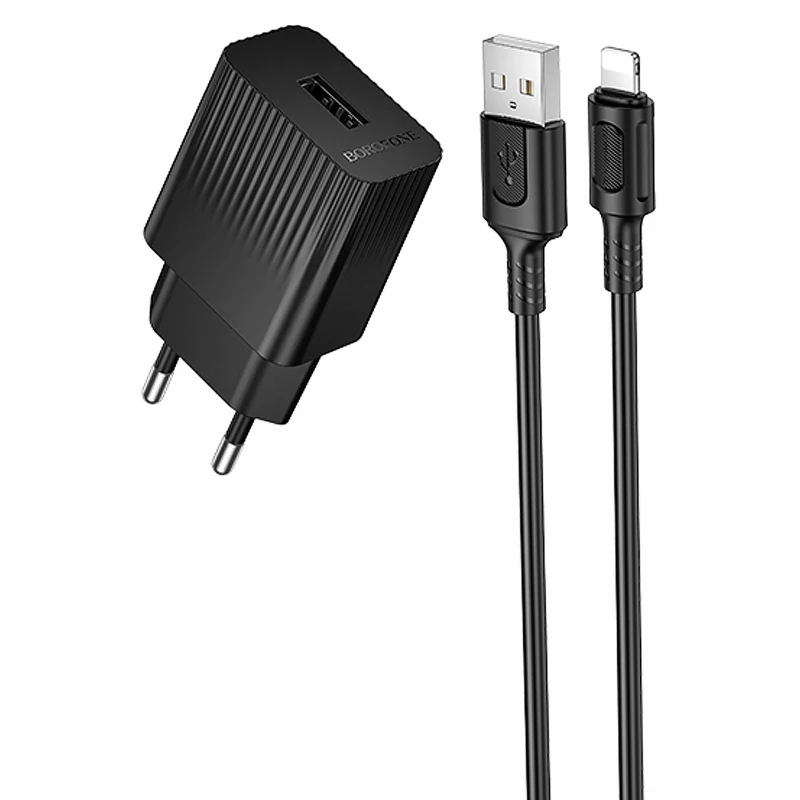 СЗУ Borofone BAS71A Source 10.5W (1USB-A) + кабель USB to Lightning – Black. Фото 1 из 4