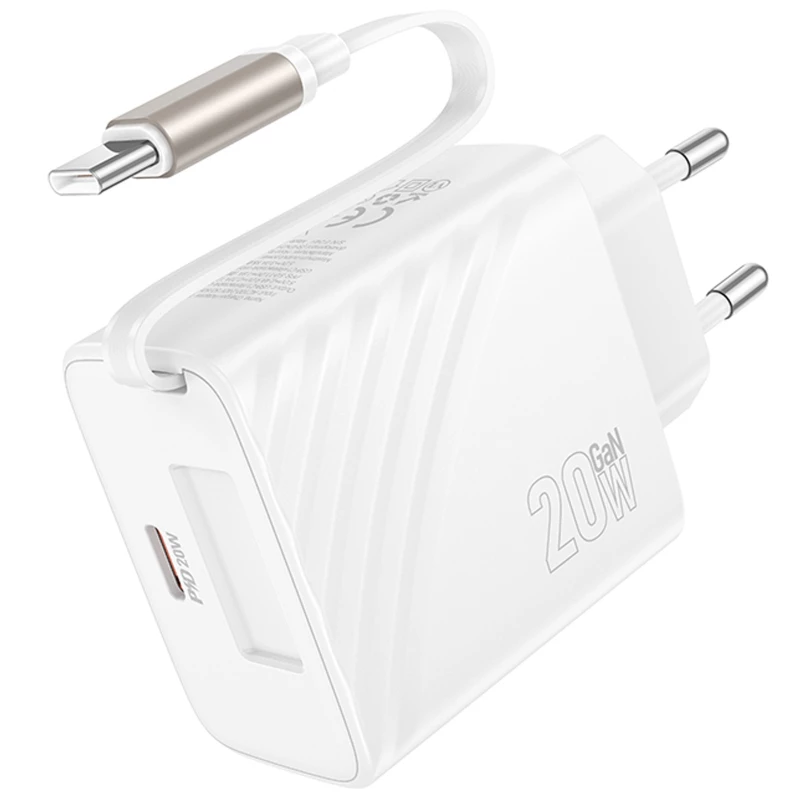 МЗП Hoco N57 Full PD20W with retractable cable Type-C (2USB-C) – White. Фото 4 з 5