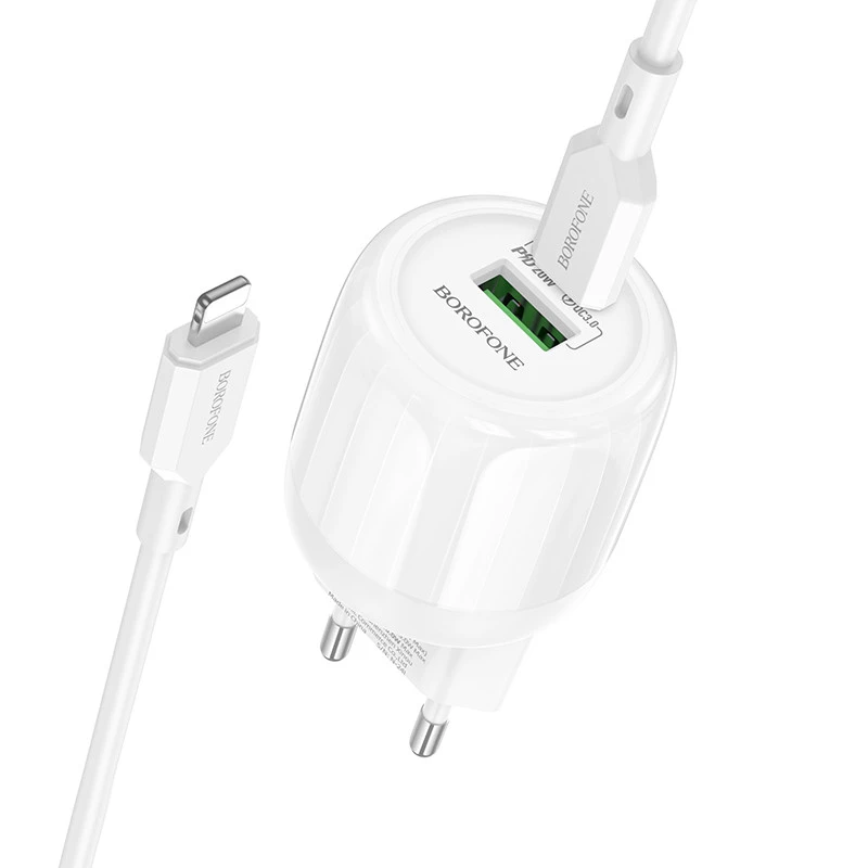 МЗП Borofone BA93A Lustrous PD20W+QC3.0 (1USB-A/1C) + кабель Type-C to Lightning – White. Фото 1 з 5