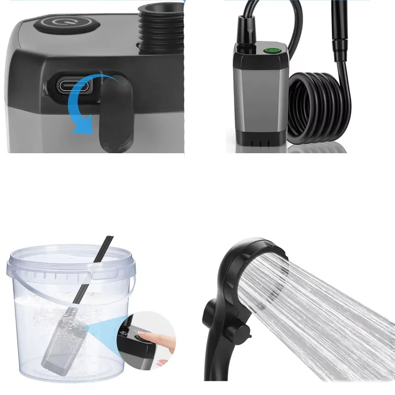 Портативний душ Spopal Pro Water Temp and Battery Level Indicator 6000mAh + bucket 20L (USB-C) – Black. Фото 3 з 4