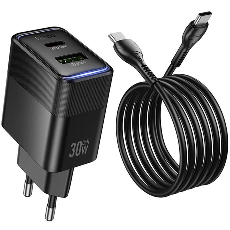 СЗУ Hoco CS112A Lounge PD30W+QC3.0 (1USB-A/1C) + кабель Type-C to Type-C – Black. Фото 3 из 5