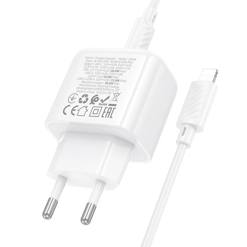 СЗУ Hoco CS55A Surplus PD30W+QC3.0 (1USB-A/1C) + Type-C to Lightning – White. Фото 7 из 7