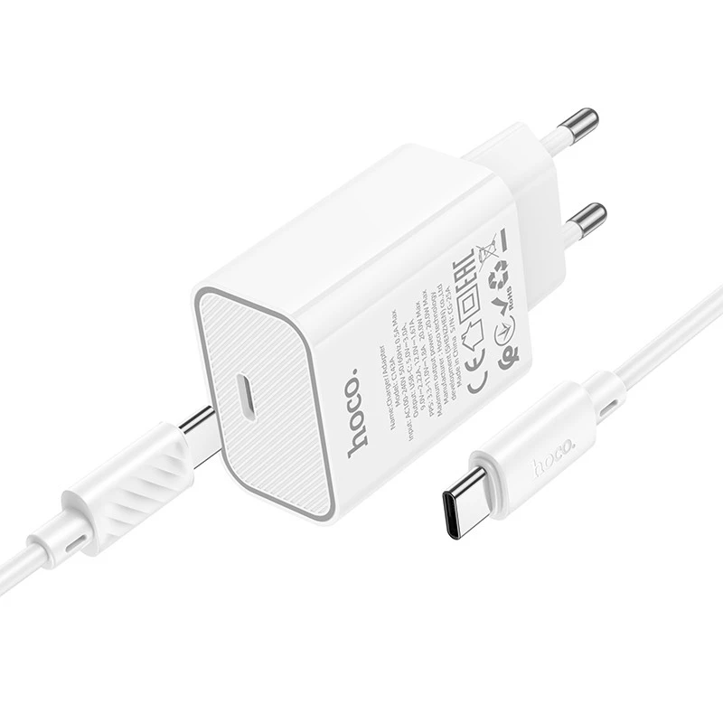 СЗУ Hoco C143A Benefit PD20W (1USB-C) + кабель Type-C to Type-C – White. Фото 3 из 8