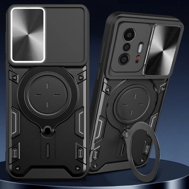 Ударопрочный чехол Bracket Ringstand с защитной шторкой для камеры для Xiaomi 11T / 11T Pro – Black. Фото 3 из 6