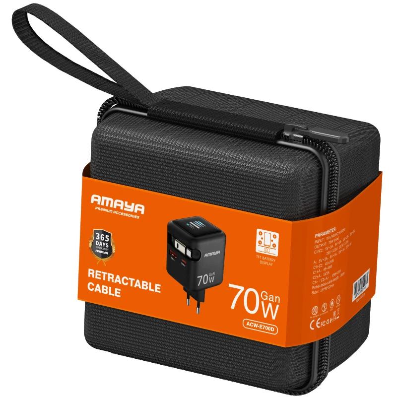 МЗП Amaya E700D PD70W+QC3.0 GaN (1USB-A/1C) + Retractable Cable Type-C – Black. Фото 2 з 2