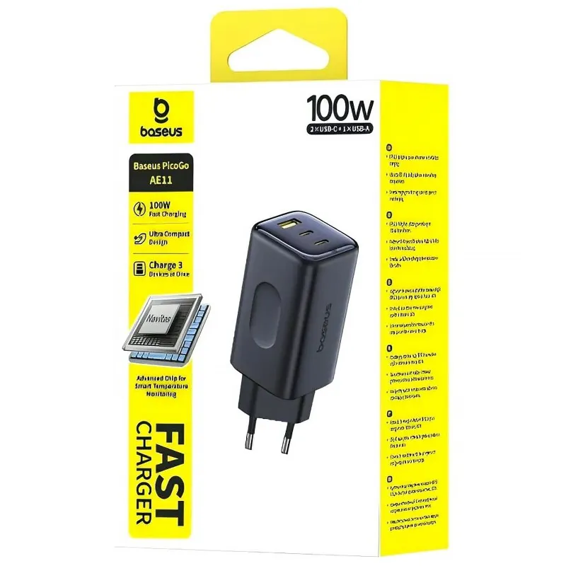МЗП Baseus PicoGo AE11 Fast Charger 100W (1USB-A/2C) (E01214) – Cosmic Black. Фото 2 з 4
