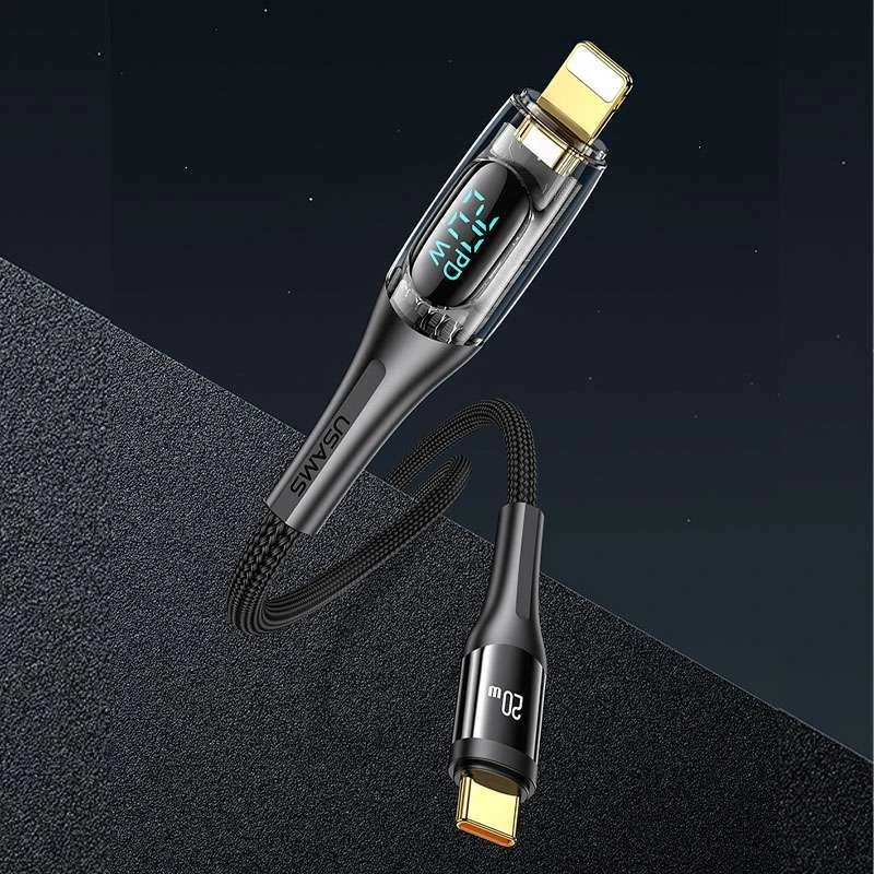 Дата кабель USAMS US-SJ588 Type-C to Lightning PD 20W Transparent Digital Display (1.2m) – Black. Фото 2 з 6