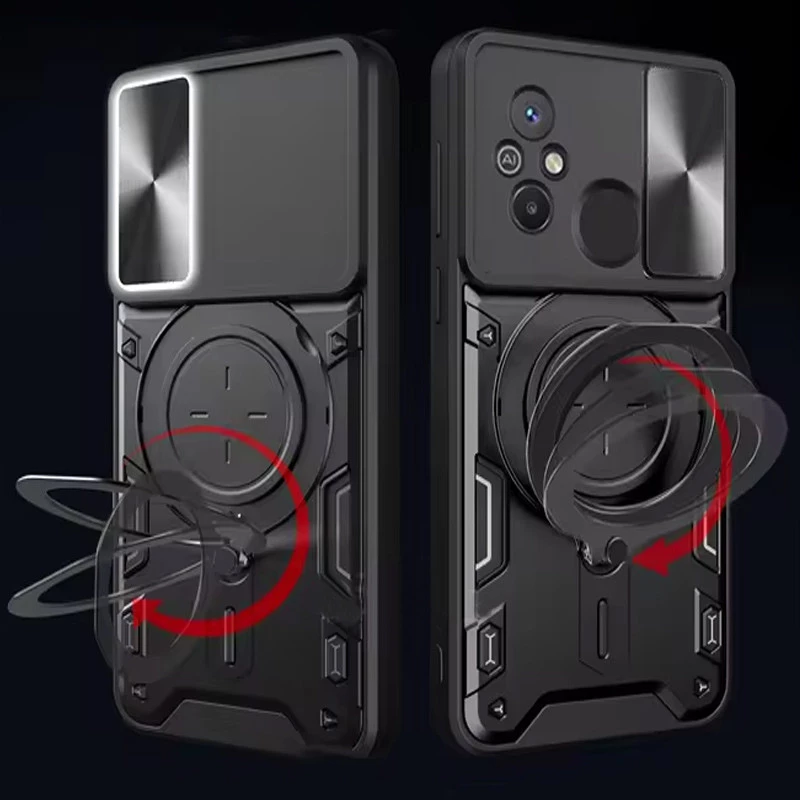 Ударостійкий чохол Bracket Ringstand із захисною шторкою для камери на Xiaomi Redmi 12C / Poco C55 – Black. Фото 6 з 6