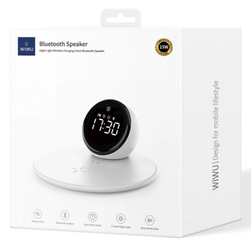 БЗУ WIWU Wi-W017 15W Wireless Charger+Digital Alarm+Bluetooth Speaker – White. Фото 6 из 7