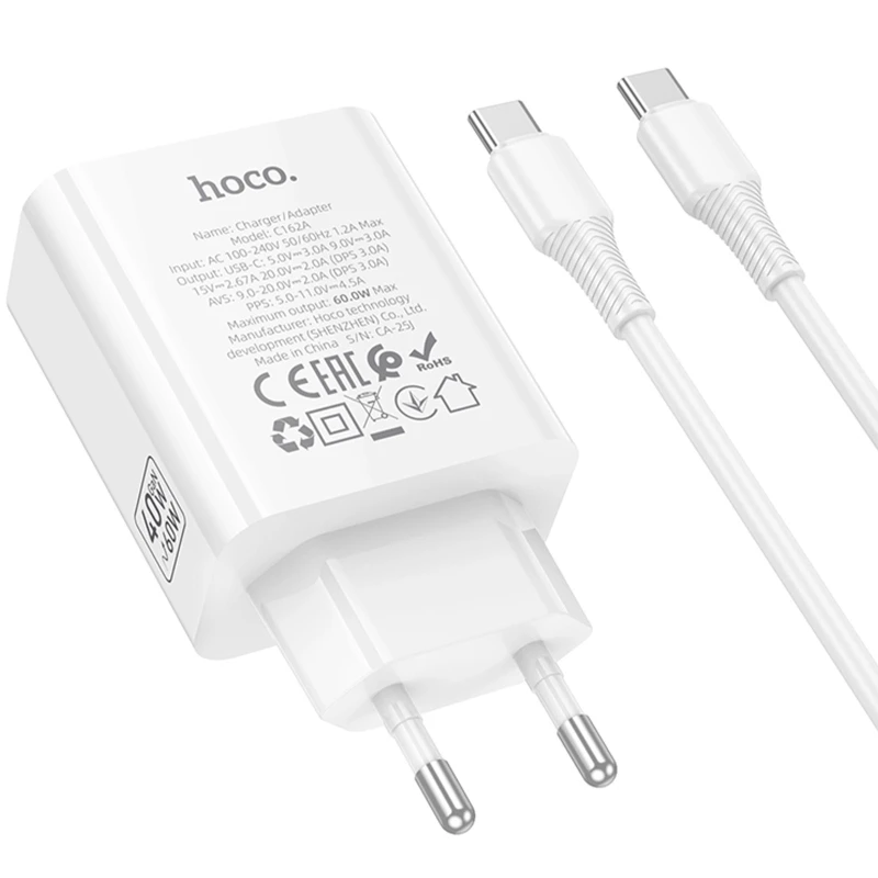 СЗУ Hoco C162A Source PD40W (1USB-C) + кабель Type-C to Type-C – White. Фото 4 из 5