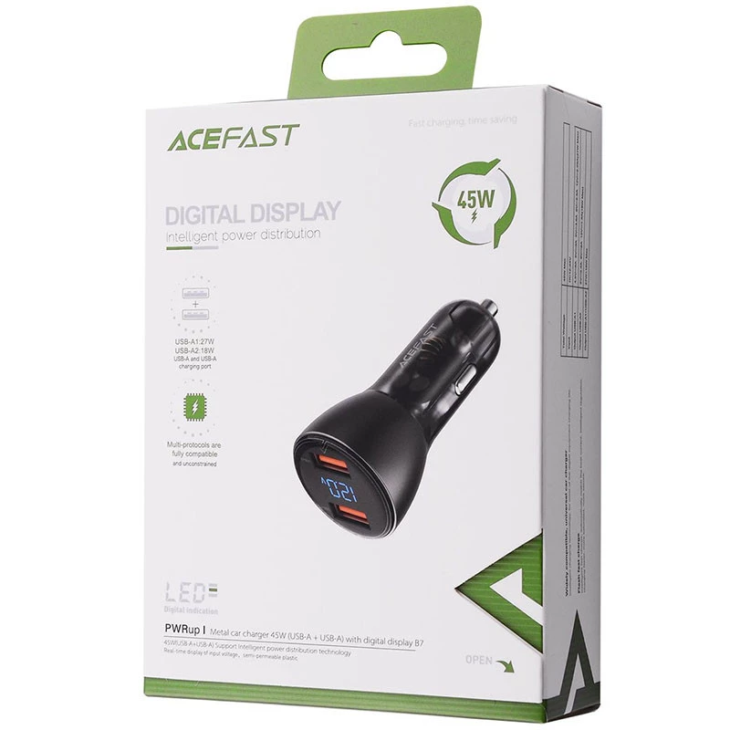 АЗУ Acefast B7 metal car charger 45W (USB-A + USB-A) with digital display – Transparent black. Фото 4 из 4