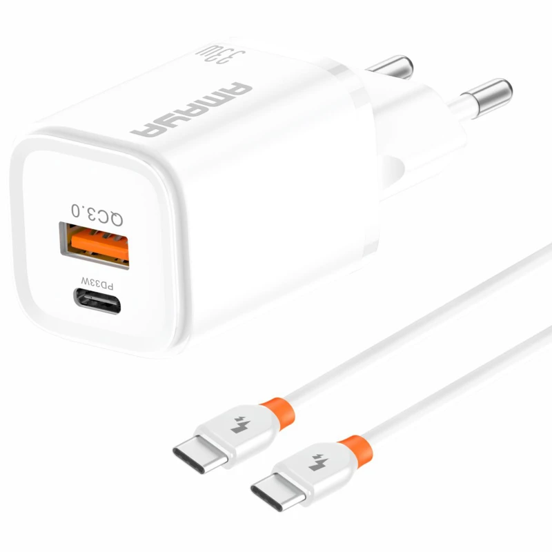 МЗП Amaya E48D PD33W+QC3.0 (1USB-A/1C) + кабель Type-C to Type-C – White. Фото 1 з 2