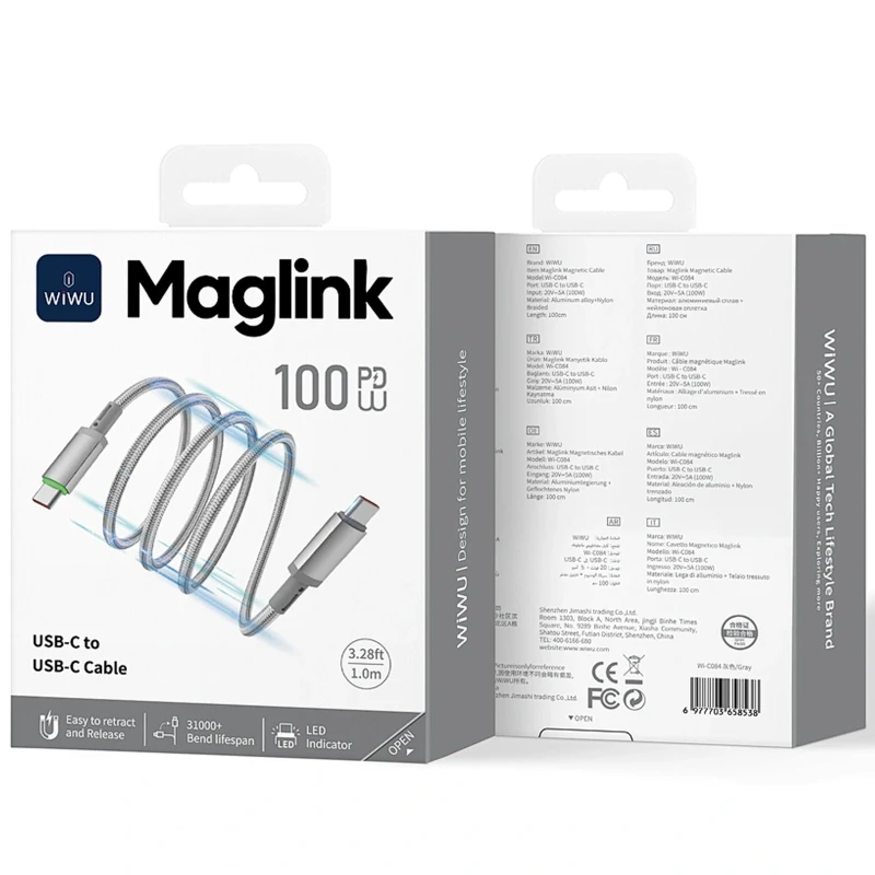 Дата кабель WIWU C084 Maglink Type-C to Type-C 100W (1m) – Grey. Фото 4 из 5