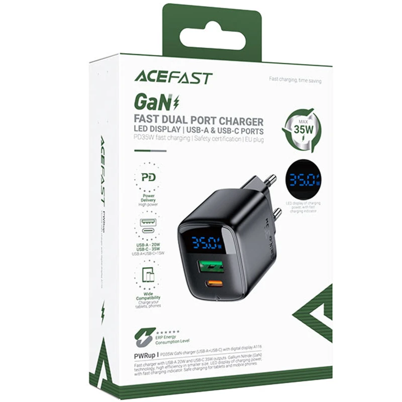 СЗУ Acefast A116 PD35W+QC3.0 GaN (1USB-A/1C) – Black. Фото 2 из 5
