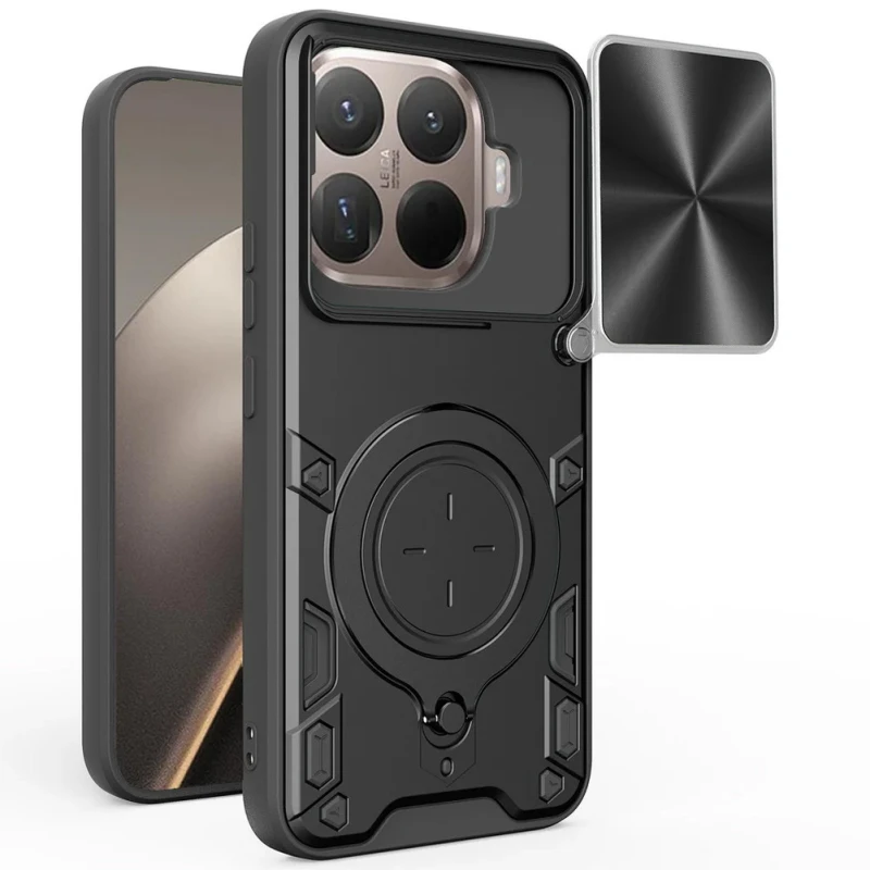 Ударопрочный чехол Bracket Ringstand с защитной шторкой для камеры для Xiaomi 15T Pro – Black. Фото 2 из 3