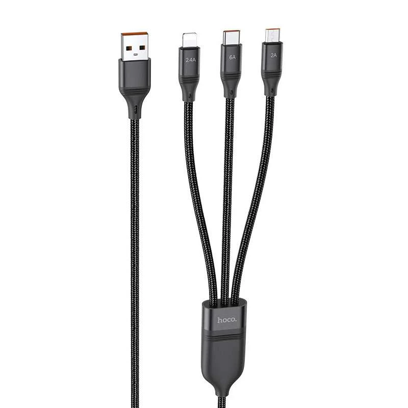 

Дата кабель Hoco U104 Ultra 6A 3in1 Lightning -MicroUSB-Type-C (1.2m) (Чорний)