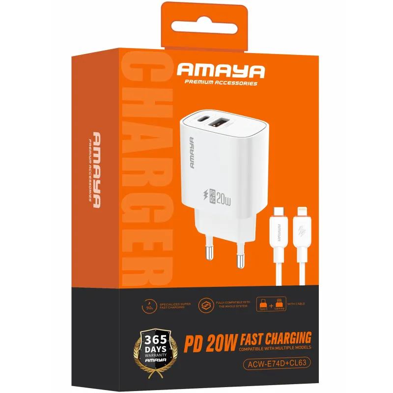 МЗП Amaya E74D PD20W+QC3.0 (1USB-A/1C) + кабель Type-C to Lightning – White. Фото 2 з 2